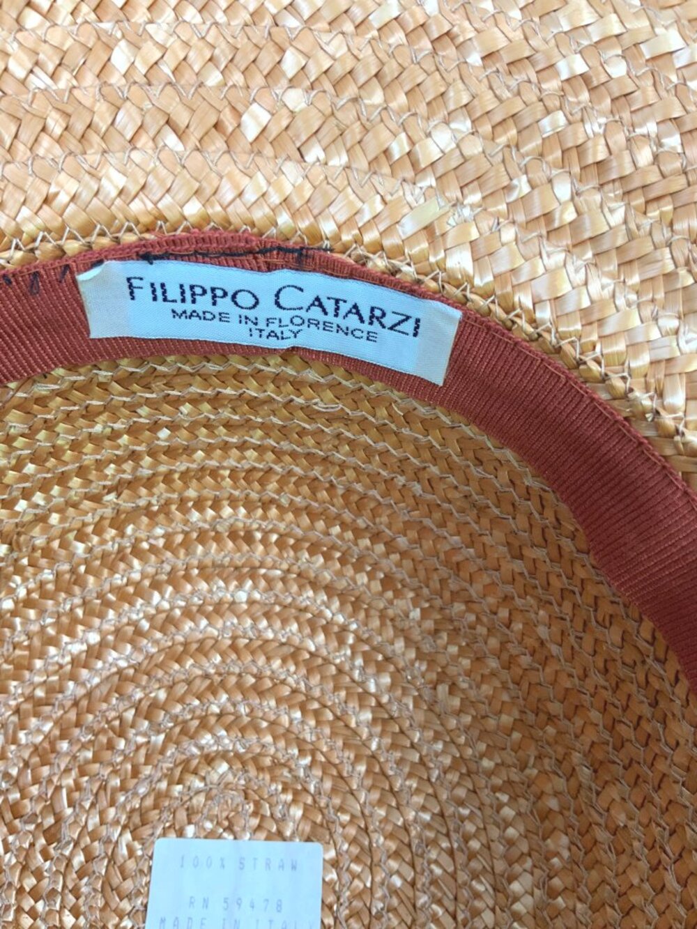 Natural Straw Sun Summer Hat by Filippo Catarzi Florence Italy Sz M - Picture 2 of 16